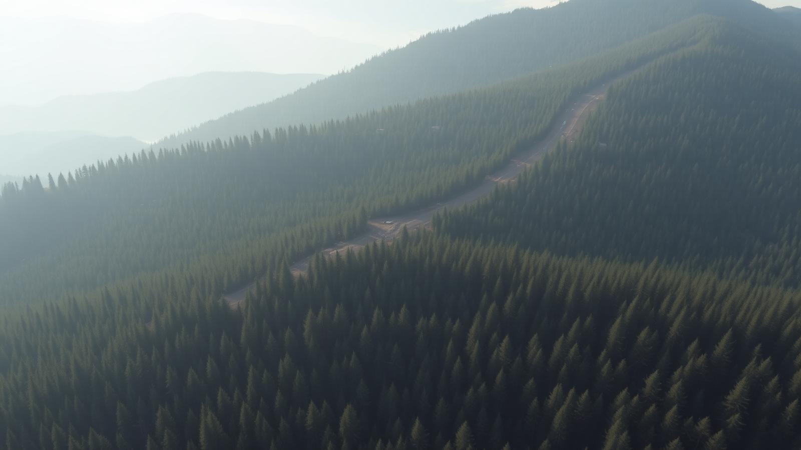 Aerial view of a shaded fuel break cut through managed conifer forest on mountain terrain