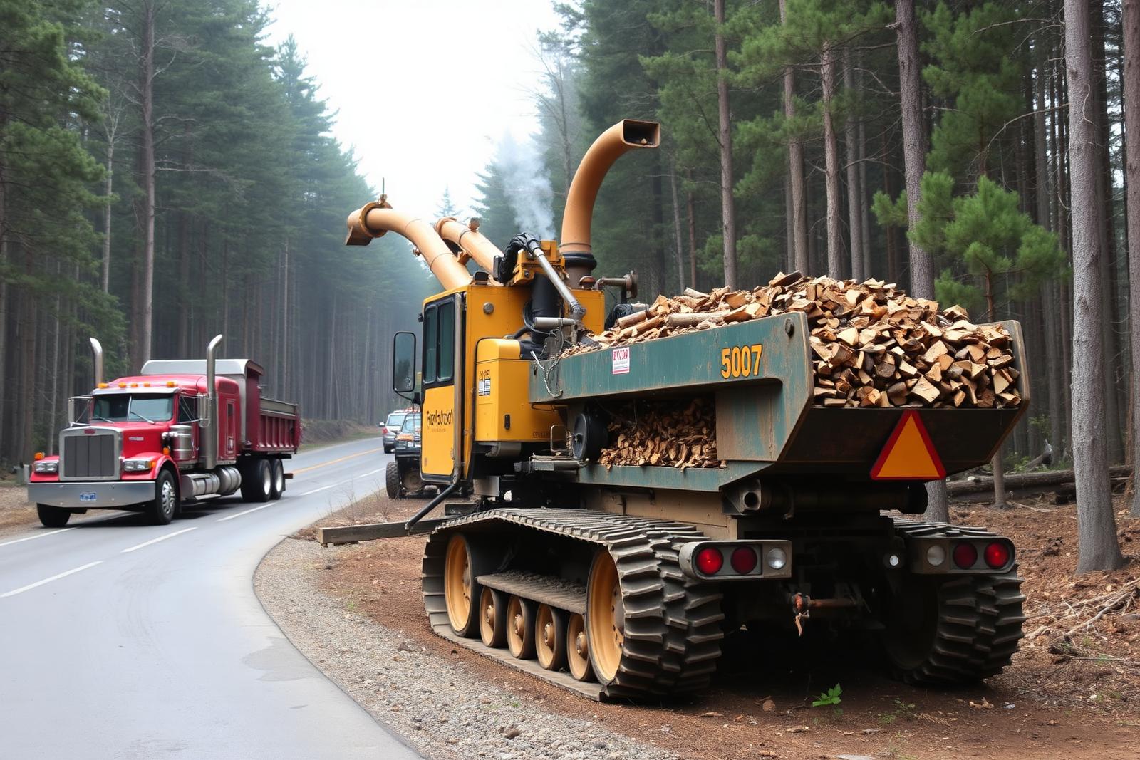 Tracked chipper processing removed timber beside a forest road with haul truck