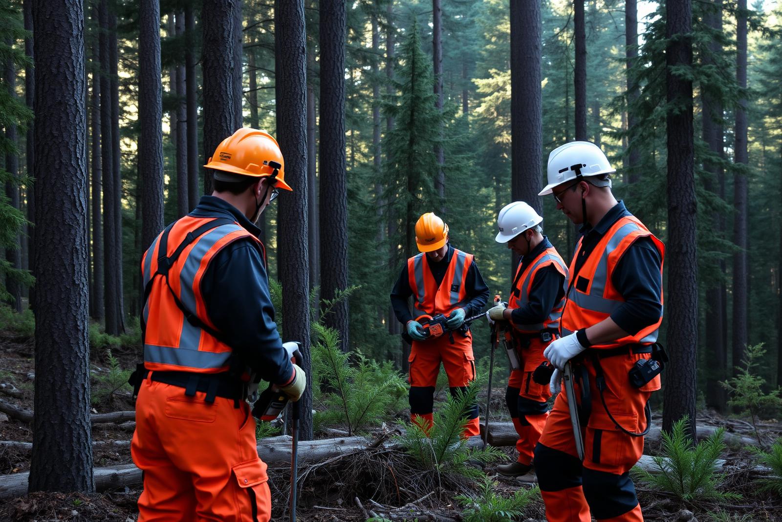 Forestry crew in personal protective equipment thinning a dense conifer stand