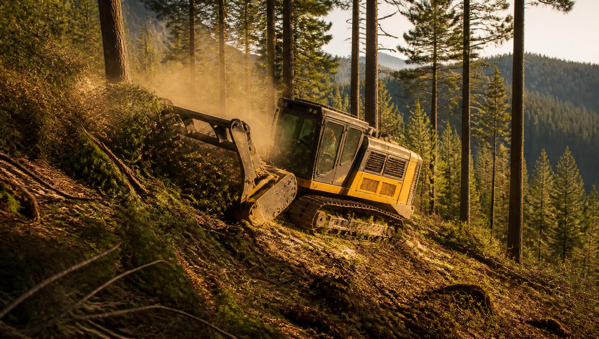 Tracked forestry masticator mulching brush on a steep pine-covered hillside