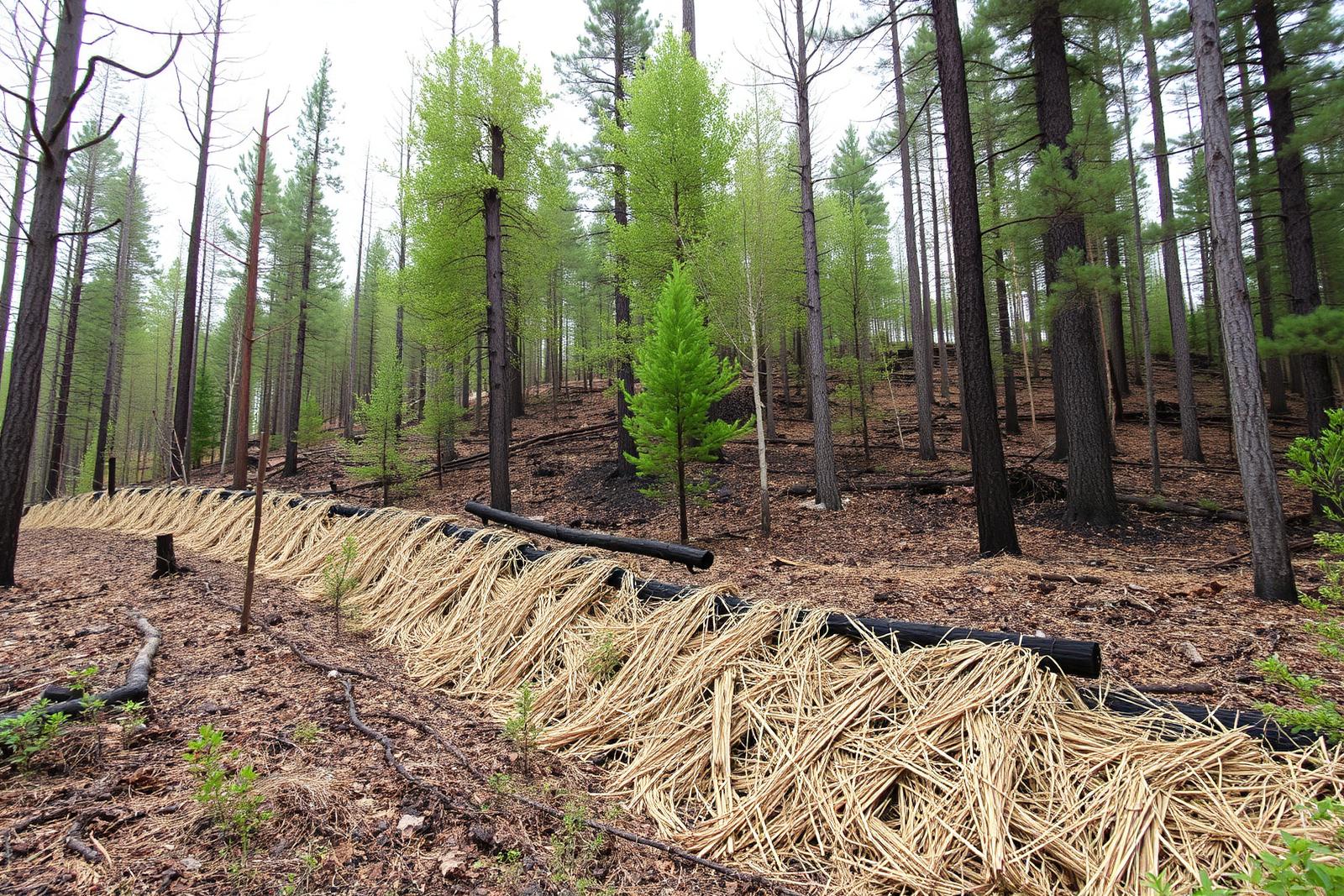 Burned forest slope with erosion control wattles and straw mulch installed